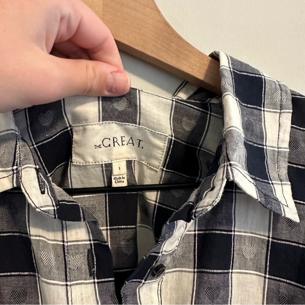 THE GREAT. Black White Heart Plaid Cotton Linen Blouse Top Small 1 - Picture 9 of 10